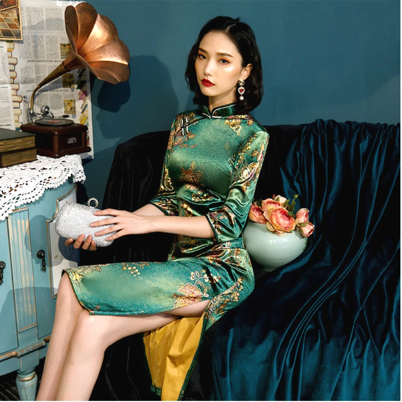 Sheng Coco L 5XL плюс размер женский золотой бархат классический Новинка Зеленый Qipao