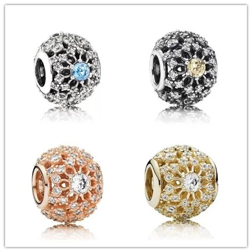

925 Sterling Silver Charm Openwork Rose Inner Radiance With Crystal Beads Fit pan Bracelet & Necklace Diy Jewelry