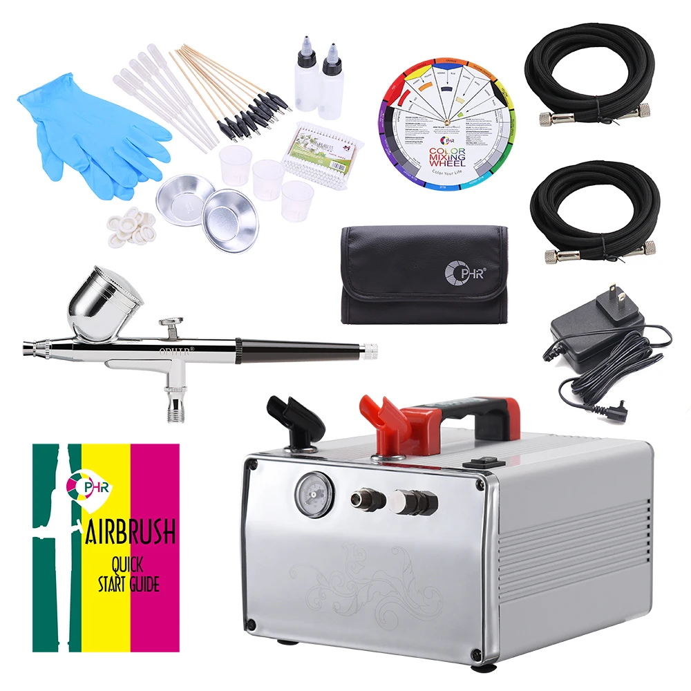 OPHIR DC 12V Compressor with Tank Adjustable Air Pressure & Airbrush & Accessories Set & Color Wheel f Model Car Painting AC062W