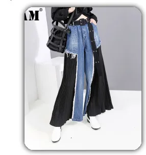[EAM] New Spring Fashion High Waist Patchwork Hit Color Detachable Blue Jeans Straight Denim Pants Women SC08