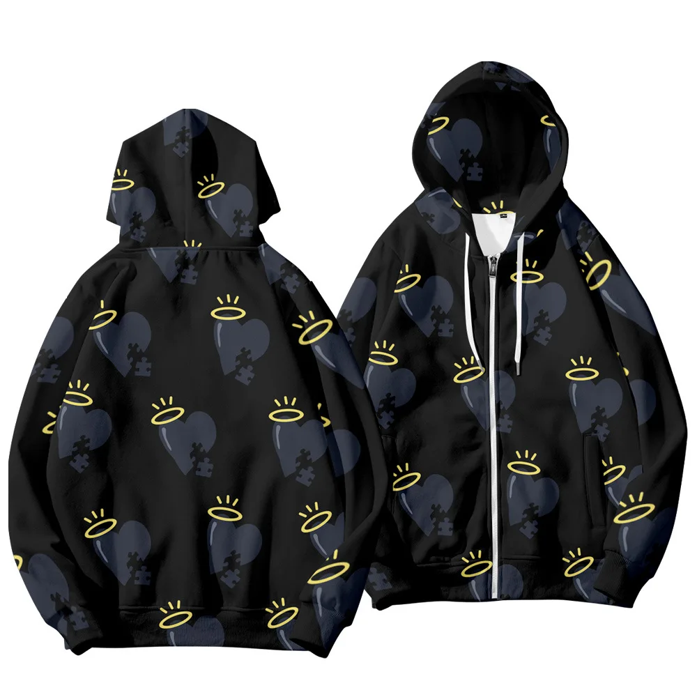 

Толстовка с принтом сердечек для мужчин и женщин, свитшот на молнии, худи в стиле Харадзюку, уличная модная повседневная кофта, большие разм...