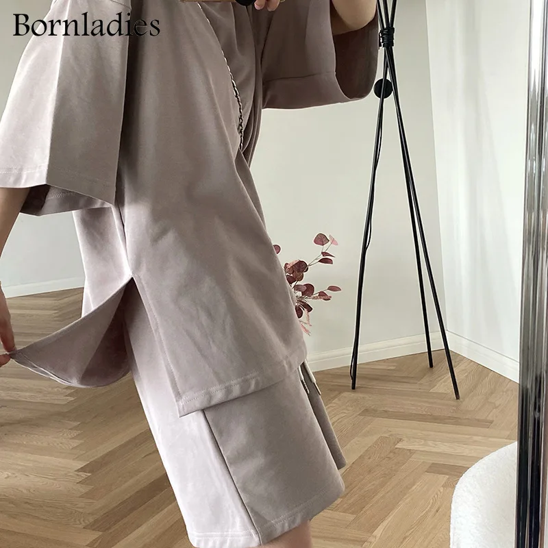

Bornladies 2021 Summer Casual Women Solid Tracksuit O-neck Side Split Loose Tops & Drawstring Shorts Women Cotton 2 Pieces Set