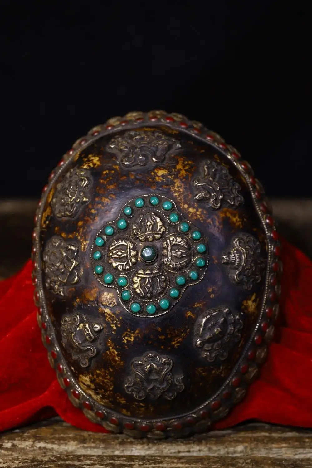 

Home Decor Antique Rare Tibetan buddhism bronze mosaic gem Dharma pattern Eight Treasure Gabala Bowl tantrick Kapala Bowl Cup