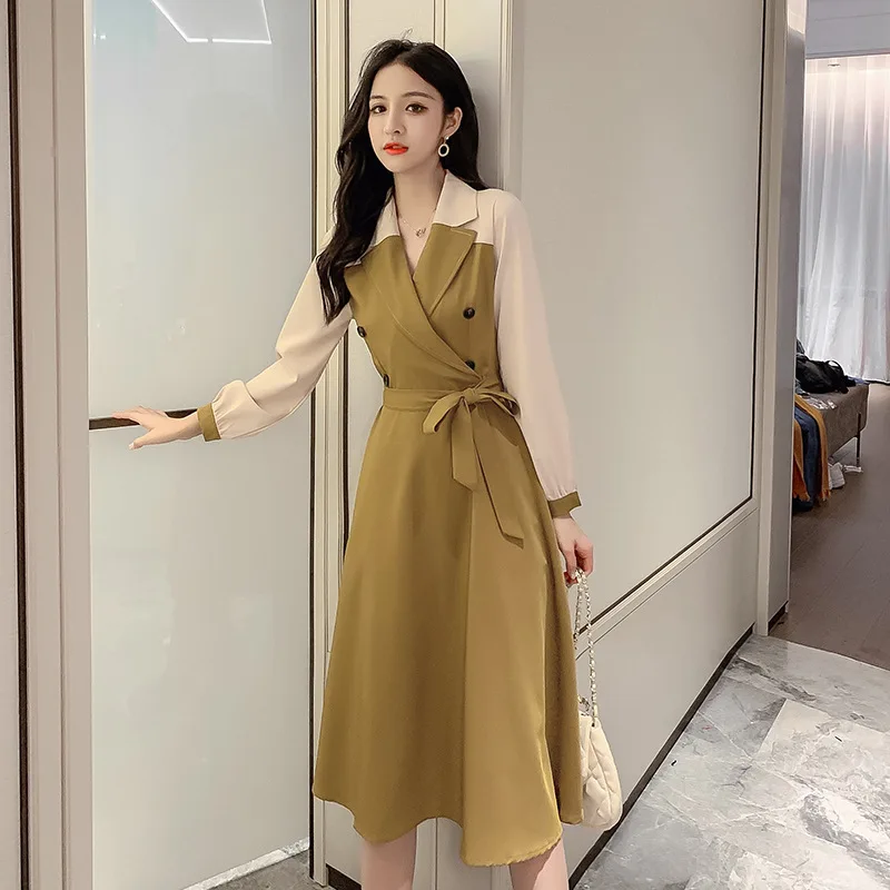 

Women's dresses 2021 spring and summer new long-sleeved temperament, light mature style suit collar over-the-knee long skirt