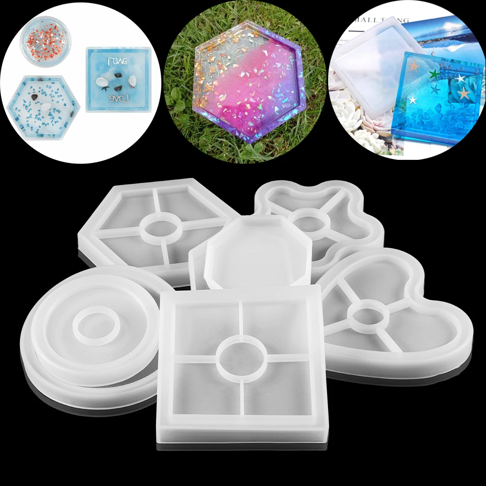 

4 Styles Crystal Round Square Hexagon Coaster Silicone Mold Epoxy Resin Mold Casting Silicone For DIY Jewelry Making Tray Mold