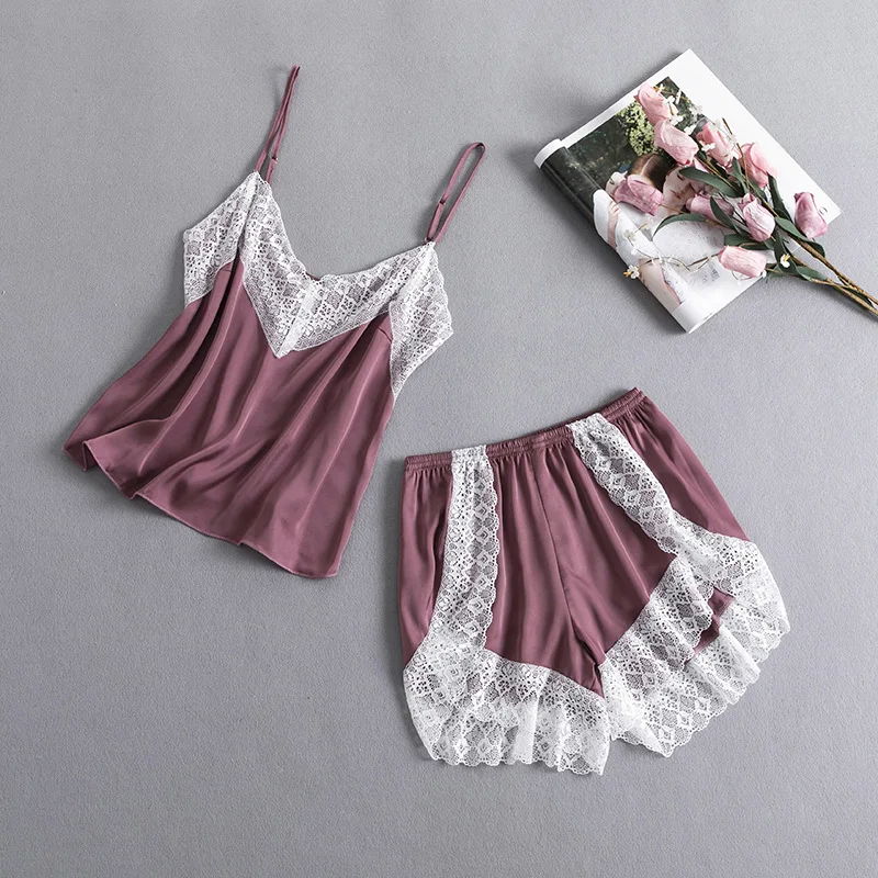 

Пижамный комплект из 2 предметов, ночное белье, интимное белье, кружевная Сексуальная женская домашняя одежда, атласная ночная рубашка и шор...