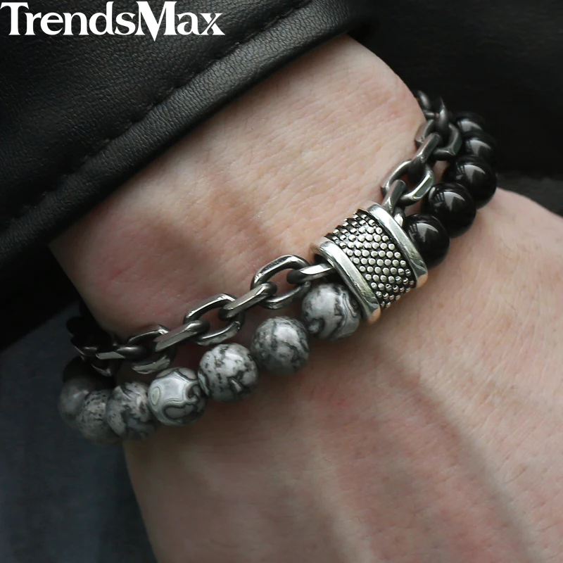 Trendsmax, натуральная карта, камень, мужской браслет из бисера для wo мужчин, браслеты из нержавеющей стали, мужские ювелирные изделия, тигровый глаз, 8, 9, 10 дюймов, DB33