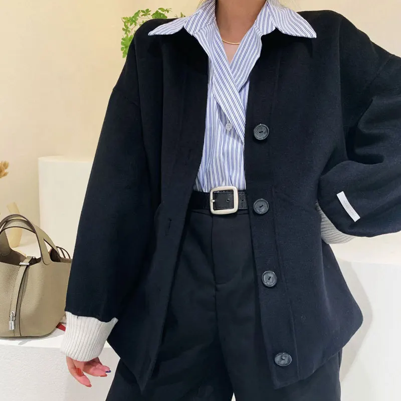 

European station double sided cashmere coat stitching knitted cuff collar less single breasted short style casual coat for women