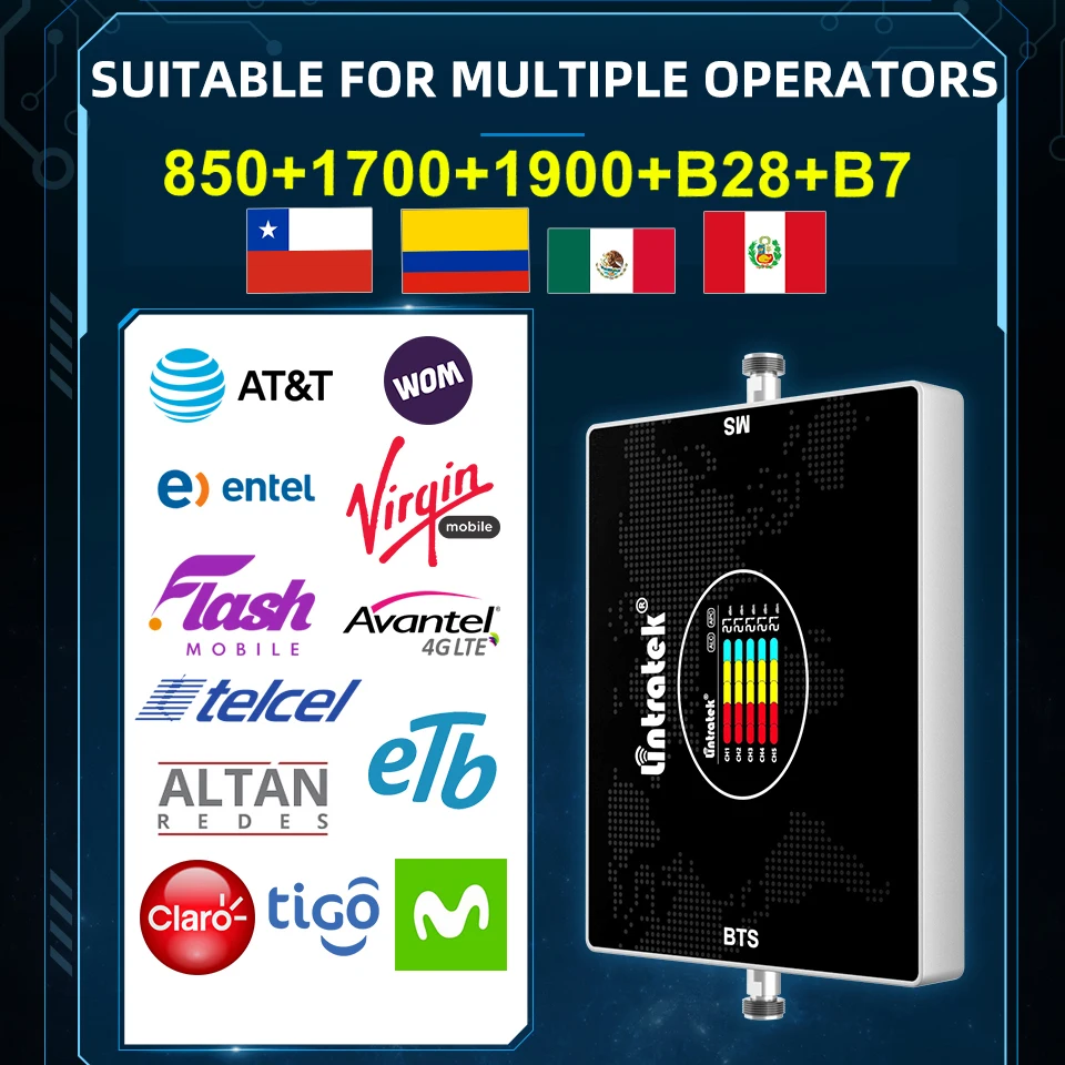Amplificador de se&ntilde;al para tel&eacute;fono m&oacute;vil, repetidor de antena de 5 bandas, B28, B7, 700, 2600, 850, 1700, 1900, LTE, B12, 700MHZ, 2G, 3G, 4G, Kit de 20m-3