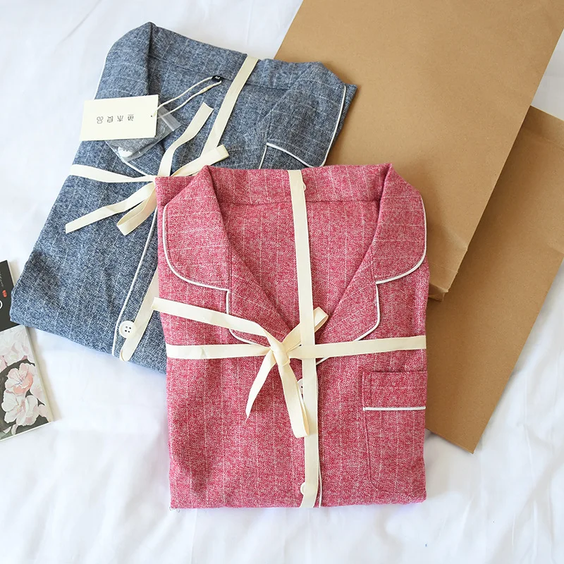 

Couple Pajama Set Solid Thin Sleepwear Suit Men Woman Cotton Button Collar Nightwear Simple Style Homewear Full Sleeves