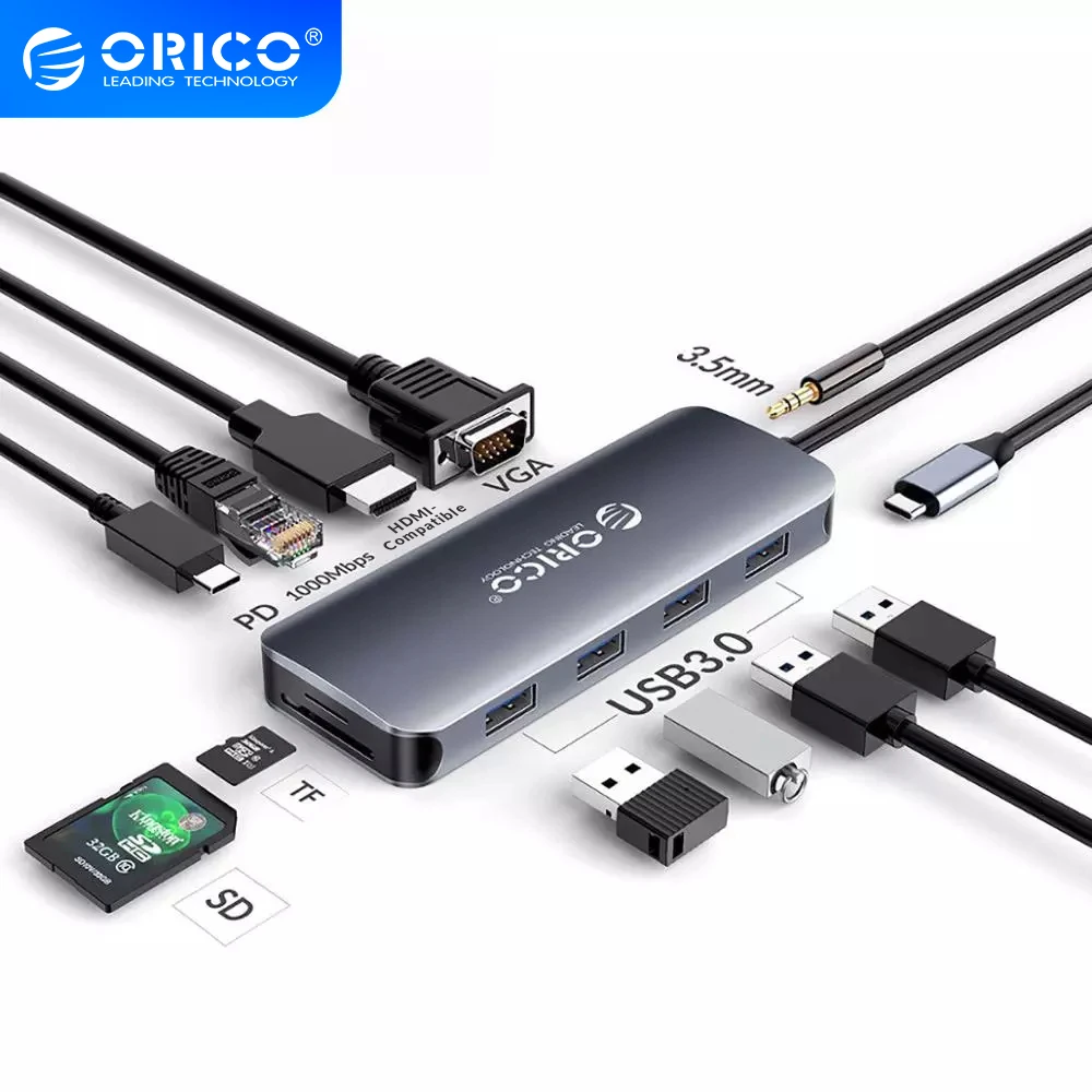 USB C-хаб ORICO на USB 100, HDMI, VGA, Вт