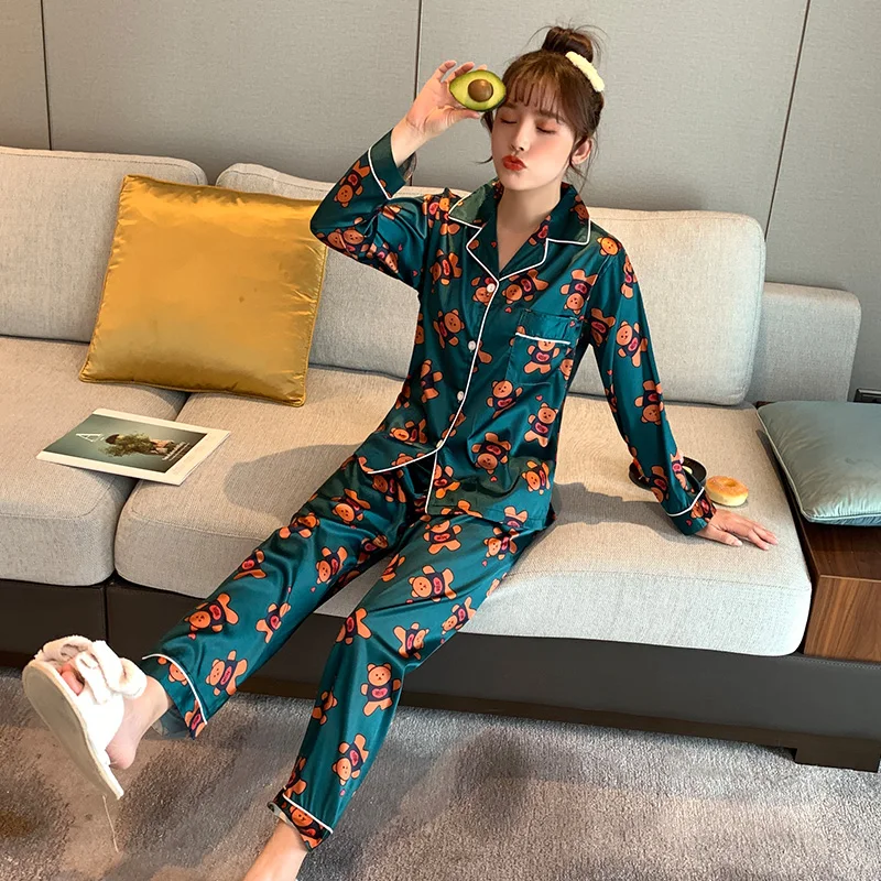 

Silk pajamas set woman EJIAMEIJR Women Long Sleeve green bear cartoon Sleepwear lady Button Nightwear Soft Pjs Lounge Sets M-XXL