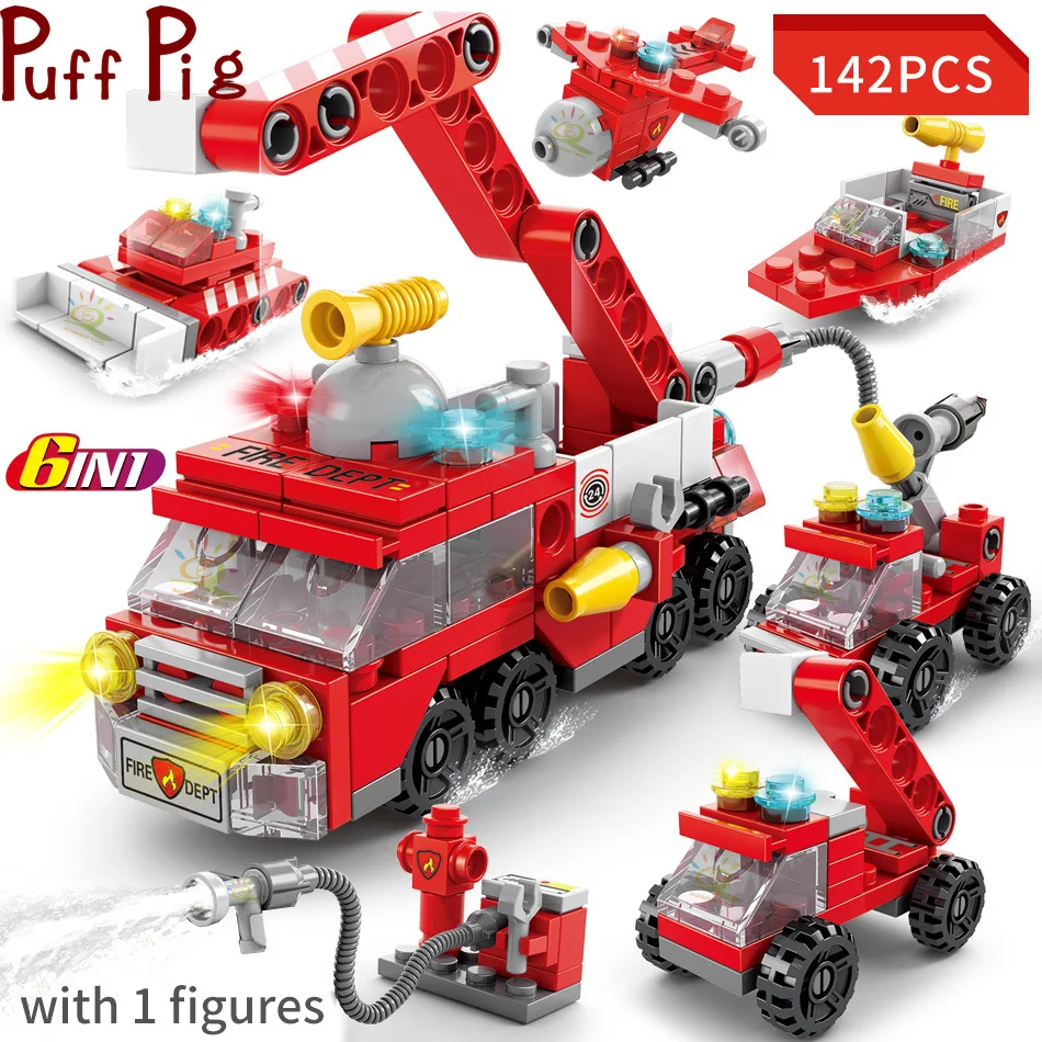 

142Pcs 6in1 DIY Fire Rescue Team Building Blocks Kids Toys City Figures Bricks Educational Children Toys