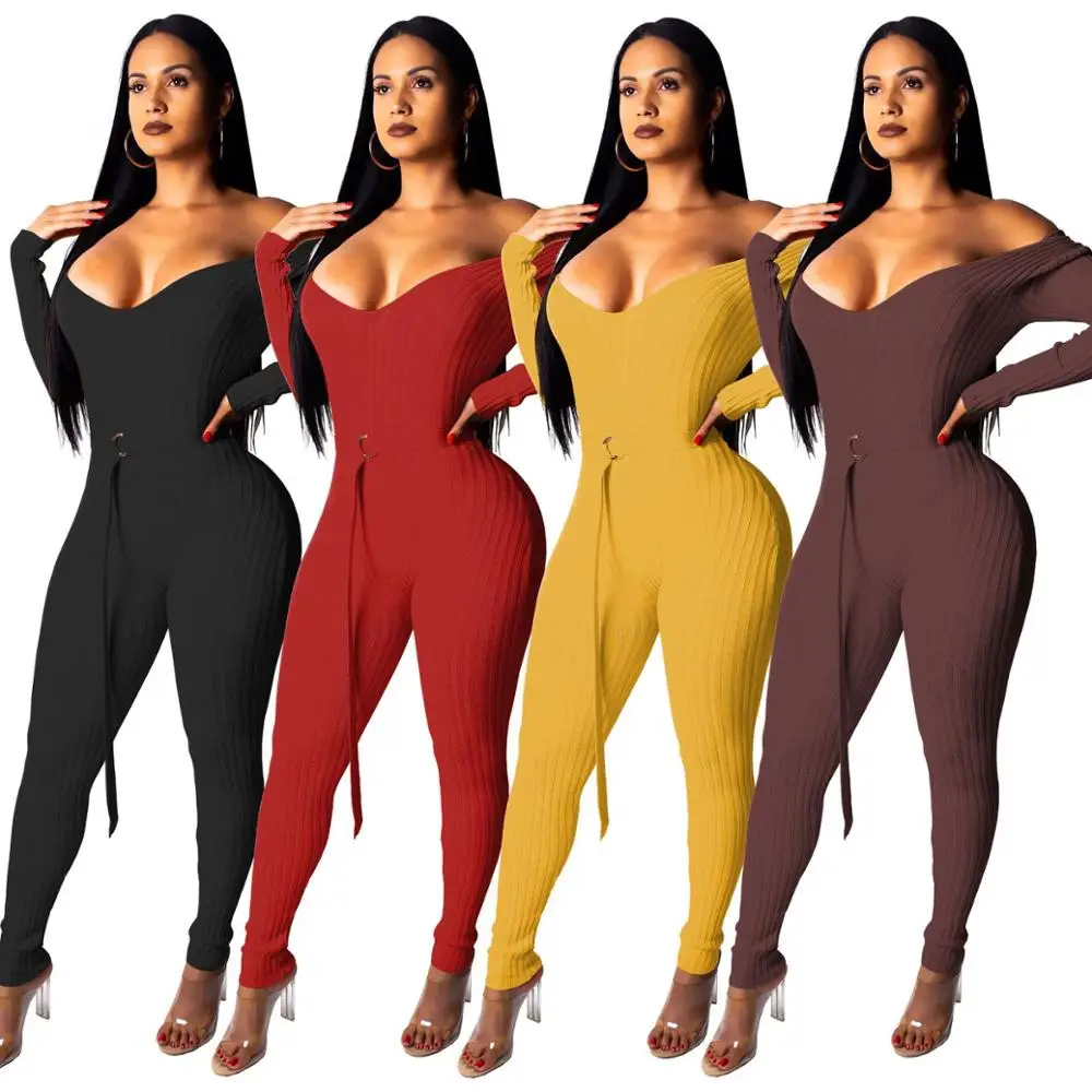 2019 однотонный ребристый комбинезон с открытыми плечами и поясом женский