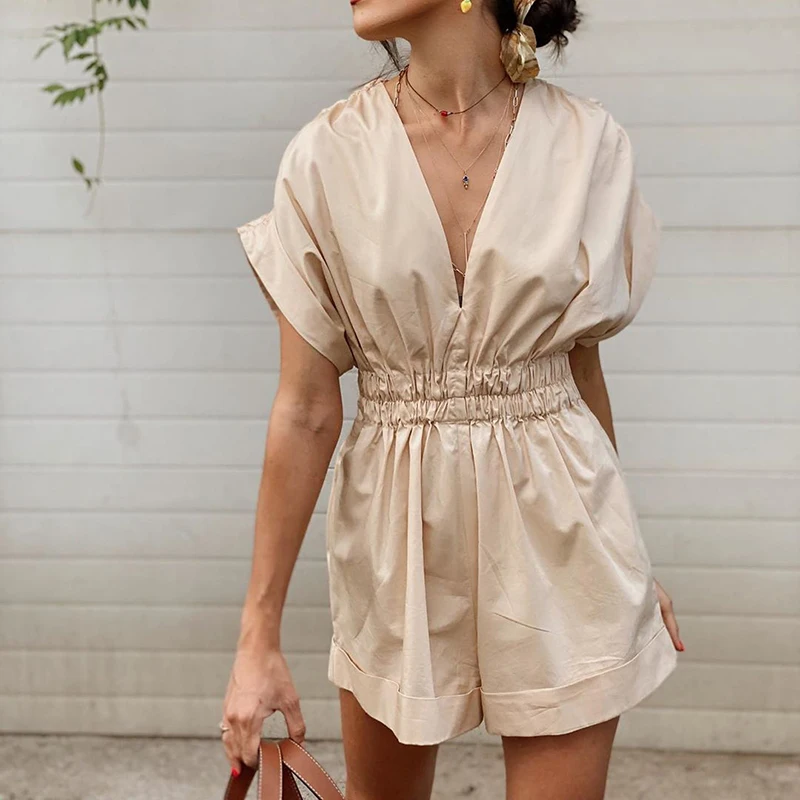2023 New Women Apricot Playsuits Lady Casual Summer Fashion Y2k Pleated Solid Loose Elastic High Waist Short Jumpsuits Chic