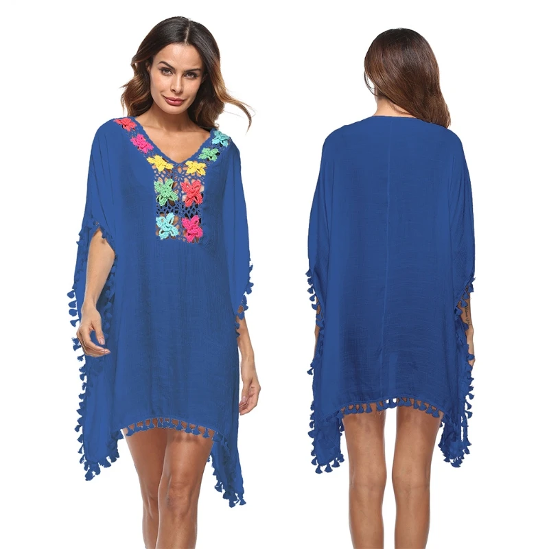 

Women Floral Beach Blouse Dress Long Loose Boho Bikini Cover Up Summer Hollow BX0A