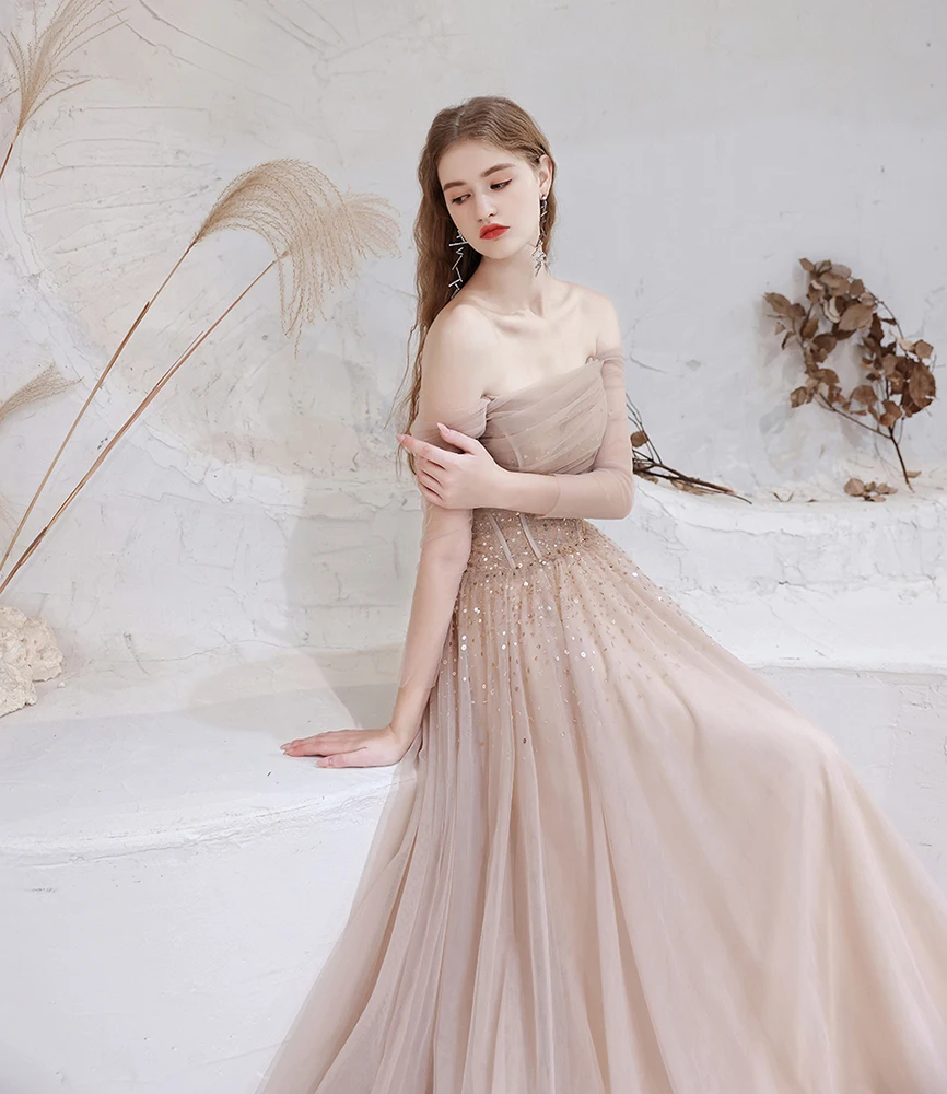 formal evening gowns Gorgeous Evening Dresses 2021 Nude Pink Sexy Off Shoulder Beaded Beading Sequined Long Sleeve Formal Gown formal evening gowns