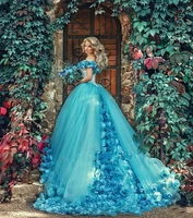 blue masquerade ball gown quinceanera dresses with handmade flowers off shoulder court train tulle prom sweet 15 dress evening