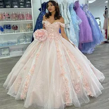 Bonito blush rosa 3d floral flores quinceanera vestidos 2021 vestido de baile plus size petite inchado meninas mexicano festa à noite (4)