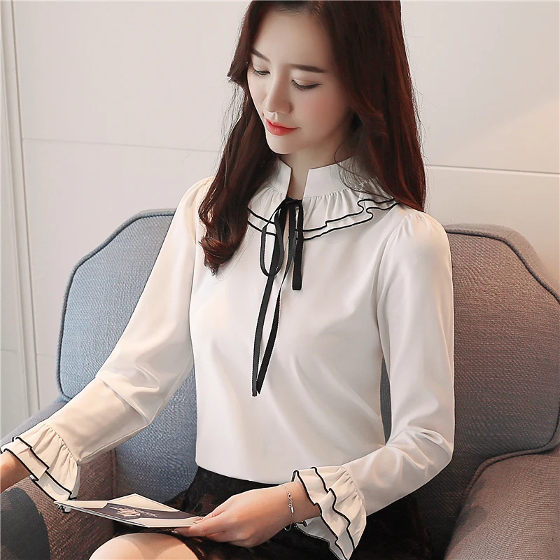 2019 модная женская блузка Рубашки шифоновые с длинным рукавом белые женские топы