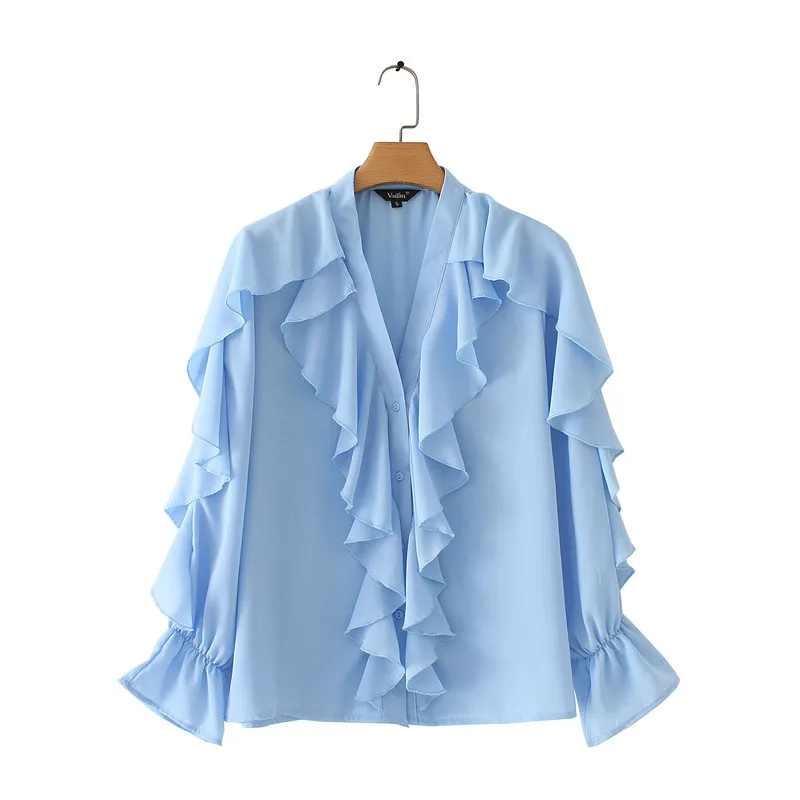 

Pink Stylish Tops Autumn Ruffles Blouse Women Sexy V neck Long Sleeve Shirts Female Casual Buttons Street Blusas Plus Size XL