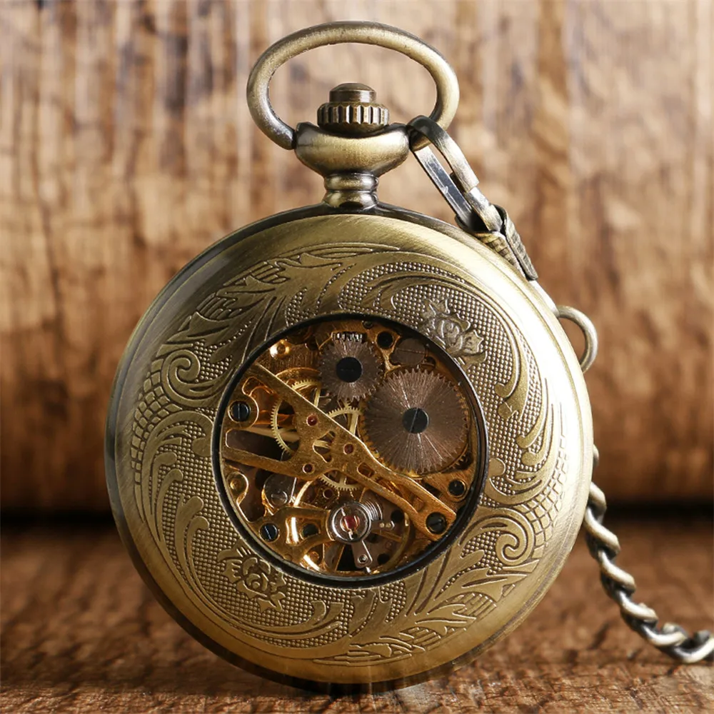 Bronze Hollow Pattern Display Mechanical Pocket Watch Hand Winding Retro Pendant Manual Mechanism Pocket Clock Gifts Male