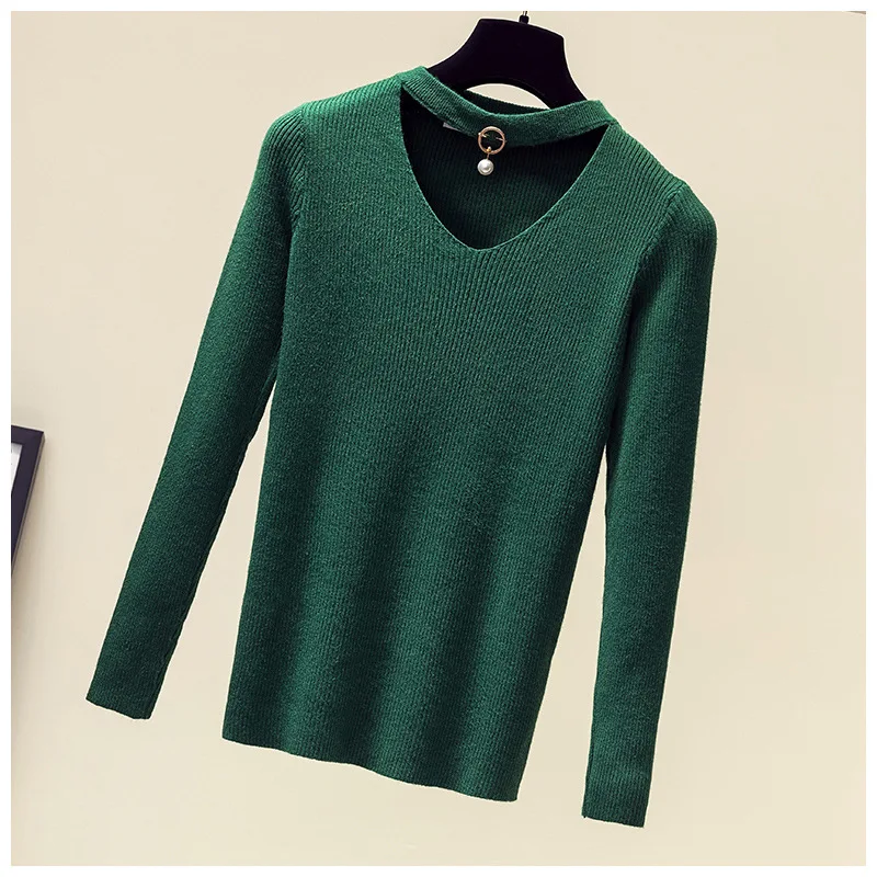 Autumn and winter plus fat large size women's V-neck pendant fashion sweater ladies slim long-sleeved bottoming shirt t Женская