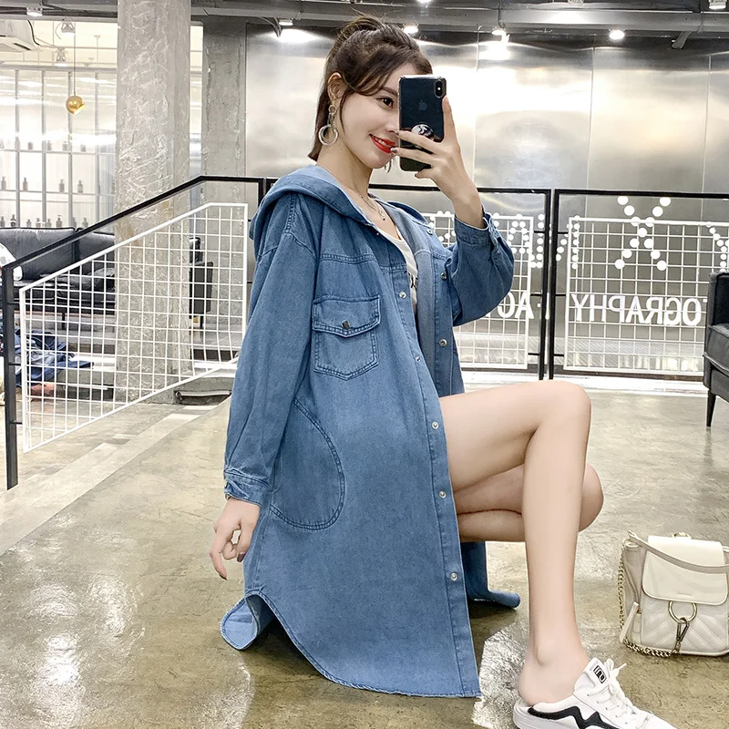 Синяя джинсовая куртка с капюшоном 2019 Весенняя Новая женская однотонная