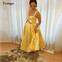 verngo simple a line yelllow short evening party dress with crystal sash tea length prom gowns midi plus size formal dress