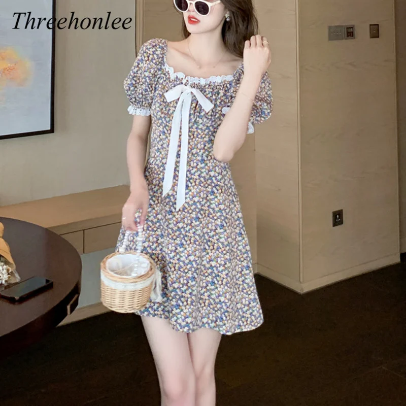 

High Quality Print Women Korean Dress New Summer Puff Sleeve Bow Belt High Waist Square Collar Dresses Floral