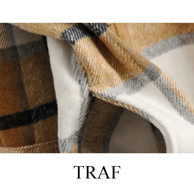 

TRAF ZA Women's Clothing Jacket Autumn Casual Plaid Patchwork Jacket Woman Fashion Pockets Coat Loose Overcoat Female Streetwear