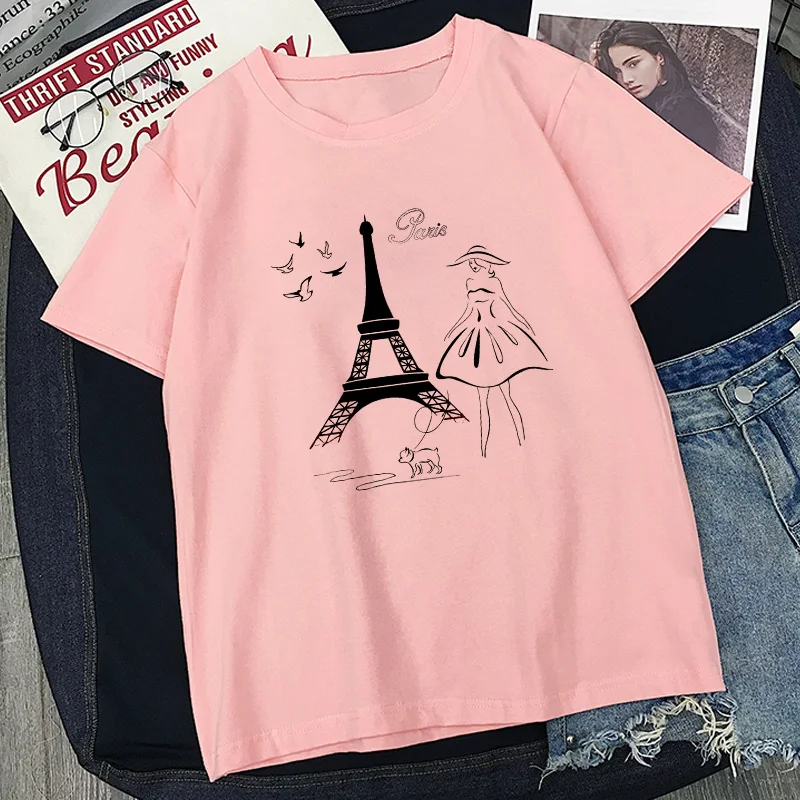 Женская футболка с принтом Hello Paris модная летняя розовая в стиле Харадзюку