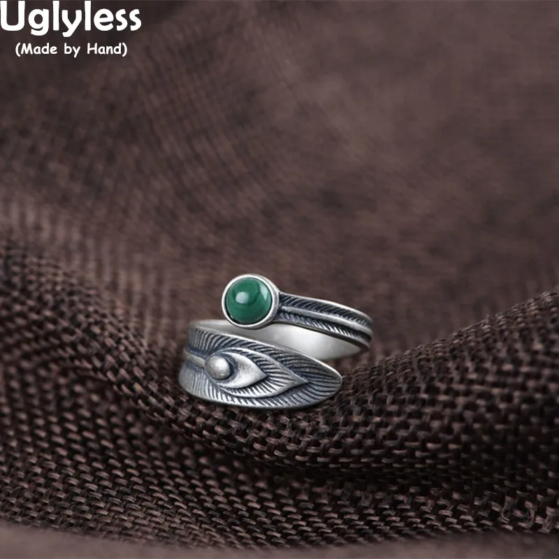 

Uglyless Charming Eastern 100% Natural Malachite Rings for Women Retro Exotic Peacock Tail Open Rings 925 Silver Vintage Jewelry