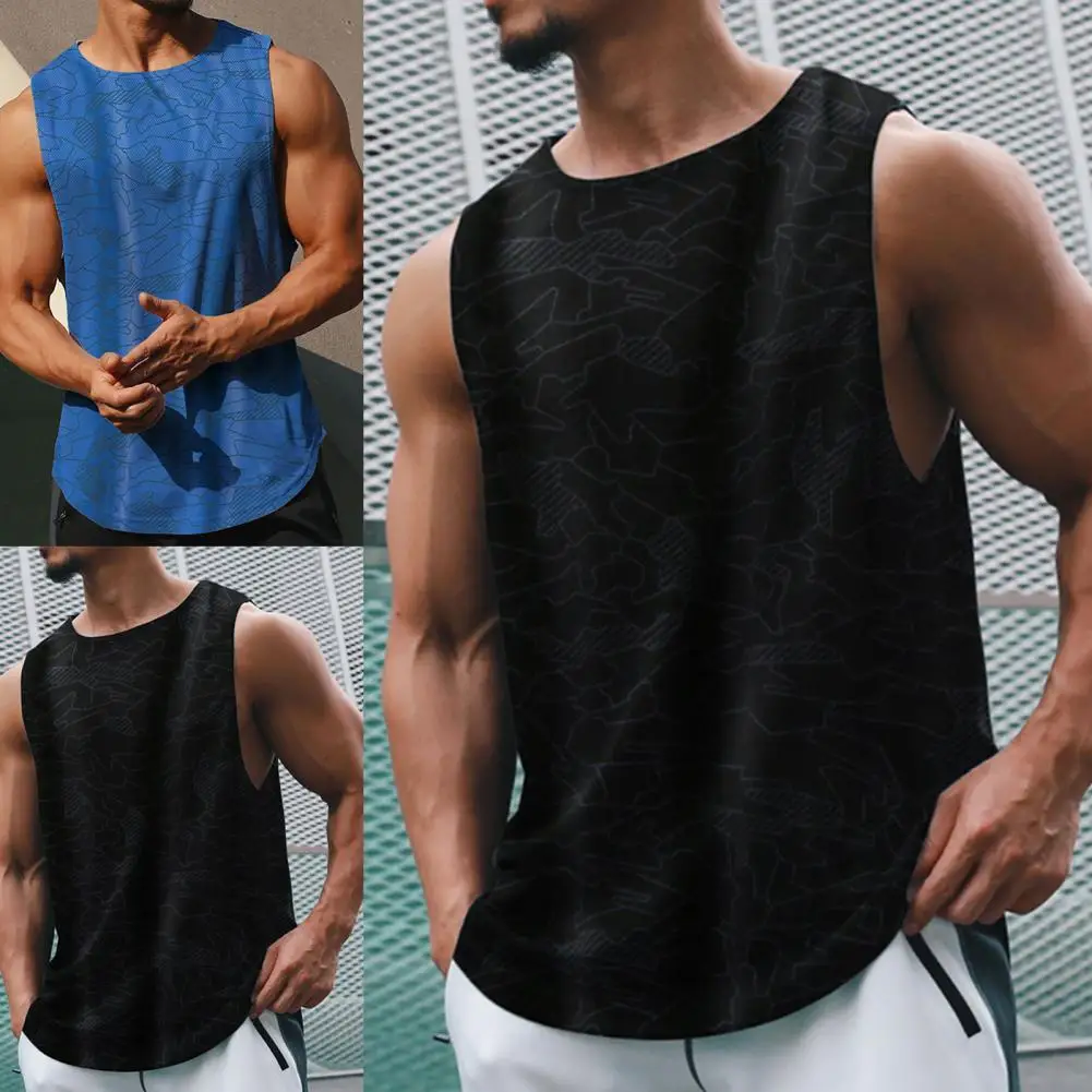 

Outdoor Print Sleeveless Breathable Men Vest Sweat Absorbing Quick-drying O Neck Arc Hem Fitness Casual Vest Top