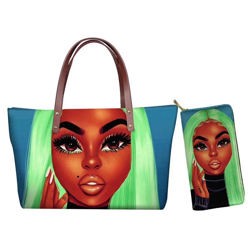 

Пляжные сумки для женщин, черная художественная сумка через плечо для африканских девушек, женские вместительные сумки, 2 шт./компл., Роскошн...