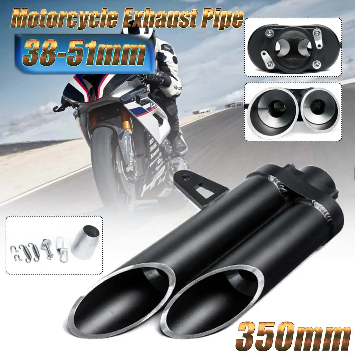 

Universal Exhaust 38-51 mm Double-outlet Aluminium Alloy Motorcycle Exhaust Pipe Tip 350mm 422mm 507mm For Yamaha For Kawasaki