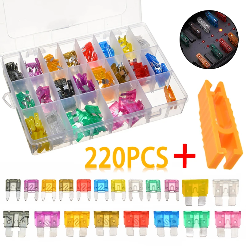 

220pcs Car Truck Mini Blade Fuses Standard Blade Fuse APM ATM Auto Car Truck Fuse Assortment Parts Kit With 1 Extractor