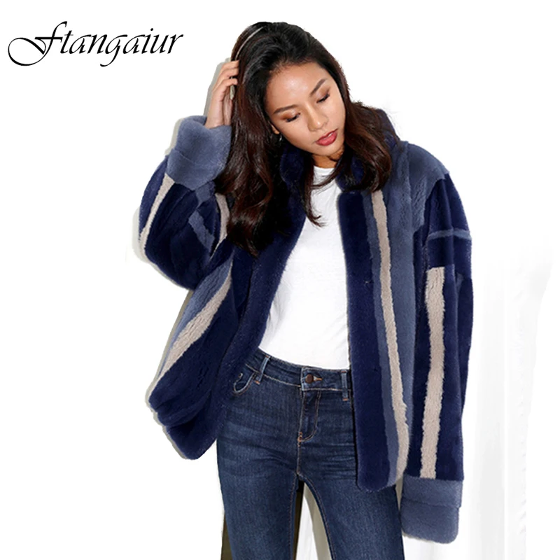 

Ftangaiur Winter Coat Women Velvet Mink Fur Overcoats Contrast Color Women's Jackets Short Luxury Nature Real Mink Fur Coats