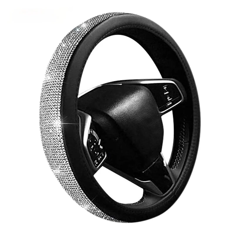 

Car Paint Cystal Steering Wheel Cover with PU Leather Bling Bling Rhinestones Universal 15 Inch Auto Steering Wheel Black Silver