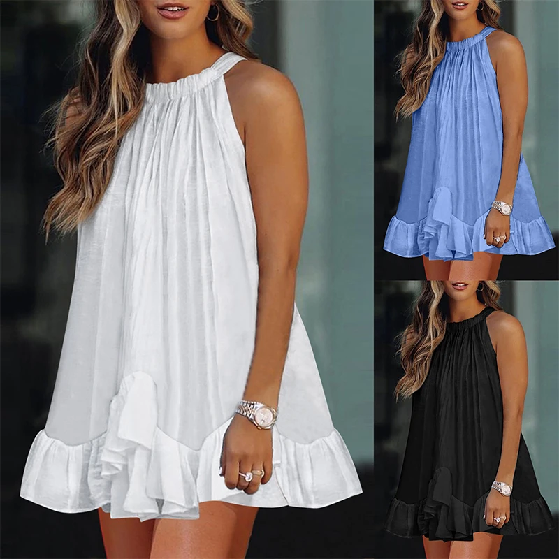 

Summer Women's New Hot Sale Solid Color Sleeveless Hanging Neck Mini Skirt Casual Loose Ruffled Ultra Short Dress For Ladies