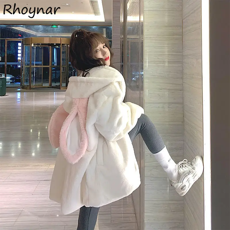 

Wool Blends Women Winter Gothic Harajuku Couples Cute Rabbit Ears Hooded Outwear Sweet Korean Style Loose Warm Plush Coat Preppy