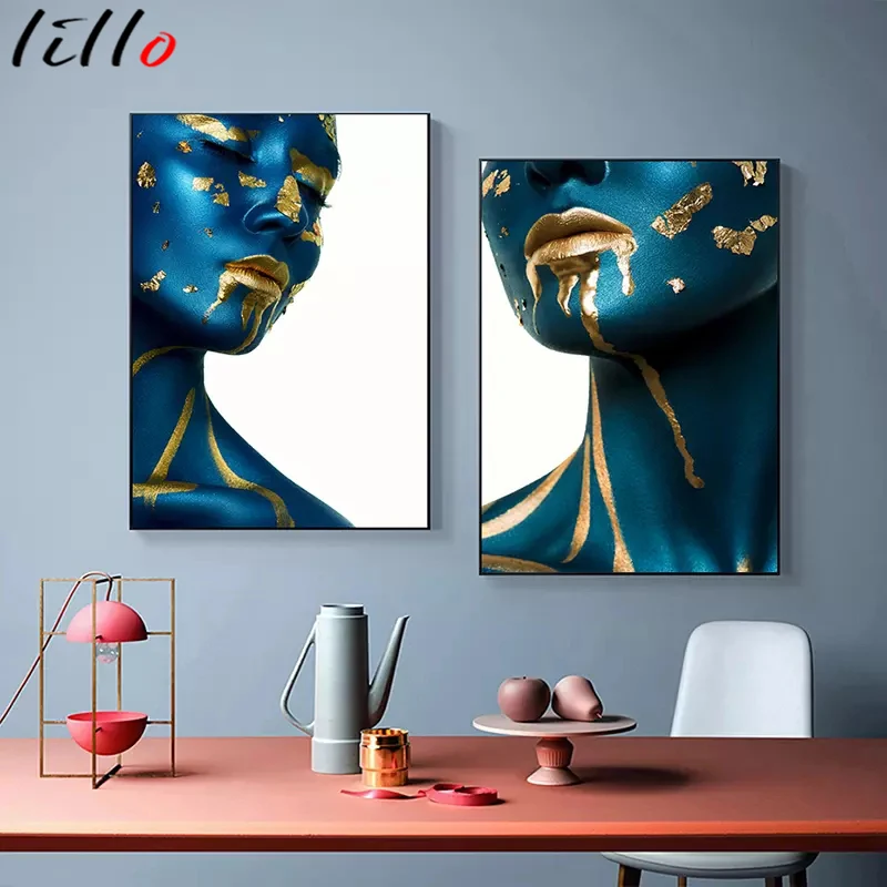 Настенная картина в скандинавском стиле с изображением женщины синего и