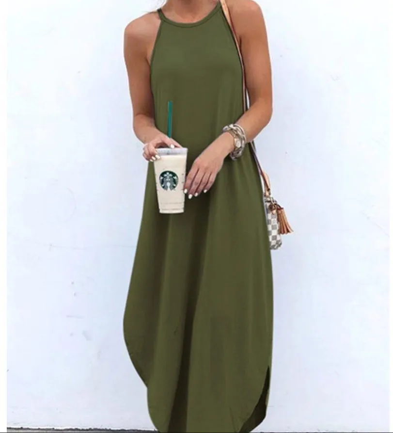 

Ladies Dress 2021 Summer Casual Sleeveless Open Back Solid Color Beach Long Dress O-Neck Sling Fashion Beach Apparel Plus Size