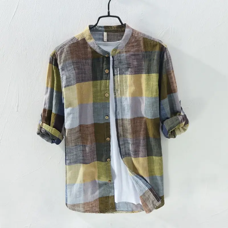 

England style Men's plaid long sleeve shirt yellow blue stand collar summer linen shirt men thin casual shirts for men