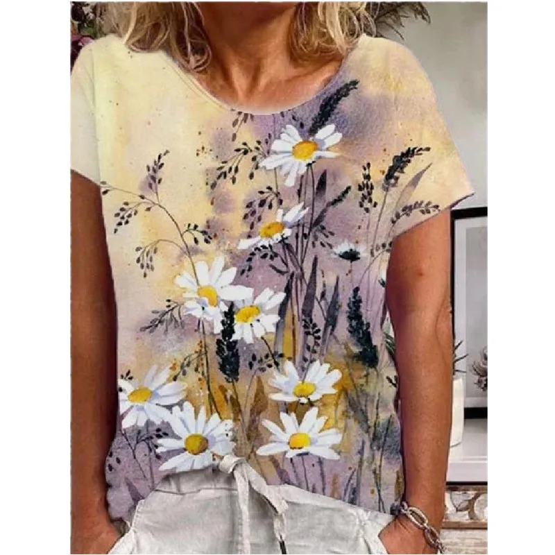 

Fashion New Summer Age Reduction Hedging Ioose Print Urban Casual Round Neck Iarge Size Short-Sleeved Women's T-Shirt