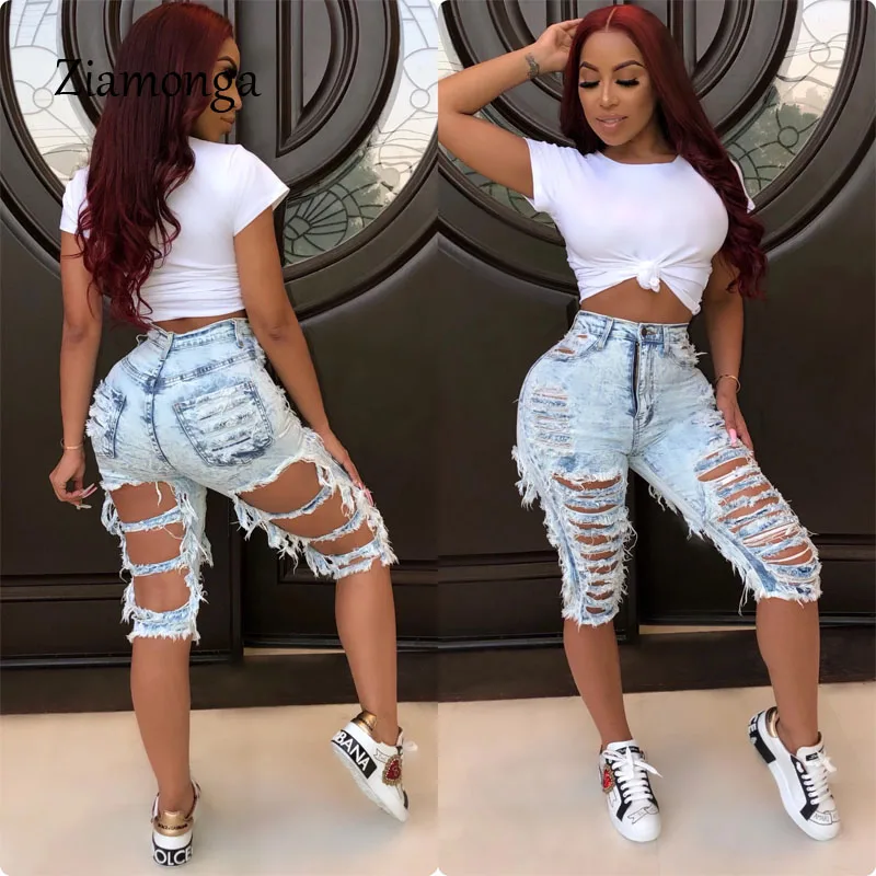 Light Blue Ziamonga, джинсовые рваные джинсовые шорты, женские, плюс размер, повседневные, эластичные, разрушенные, сексуальные, с дырками, джинсовые шорты, пакетные, Клубные, короткие, джинсы - Цвет: Light Blue