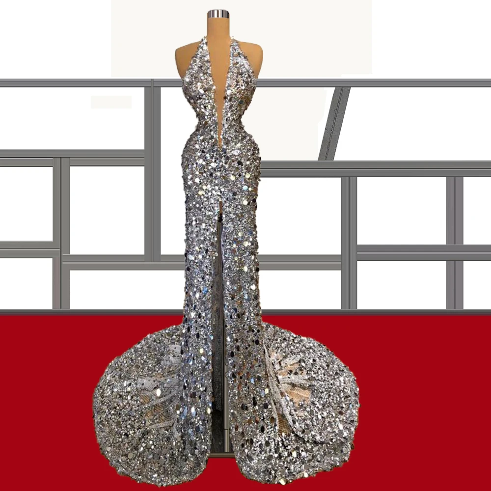 

Серебряное платье с лямкой на шее, блестящие вечерние платья с высоким разрезом спереди, сексуальные платья 2021, FOE31140