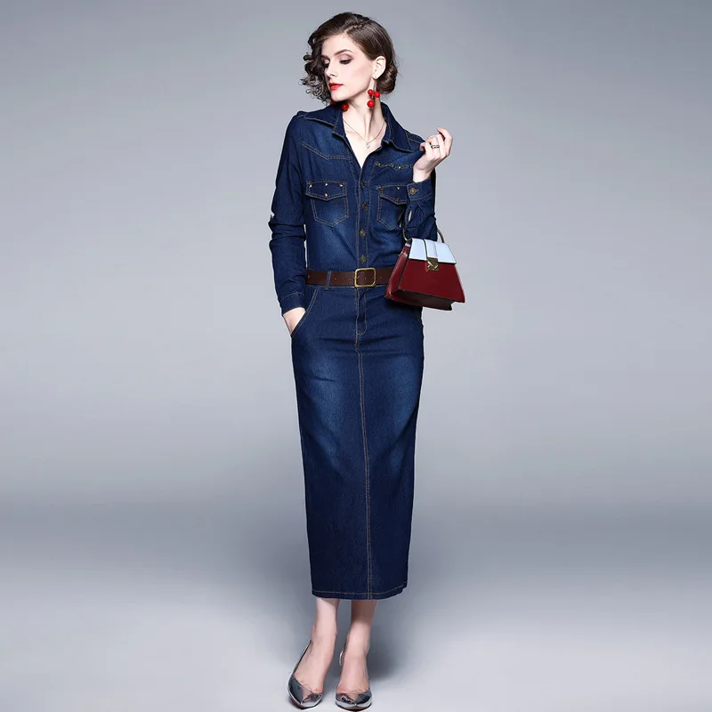 

Демисезонное тонкое облегающее джинсовое платье с длинными рукавами