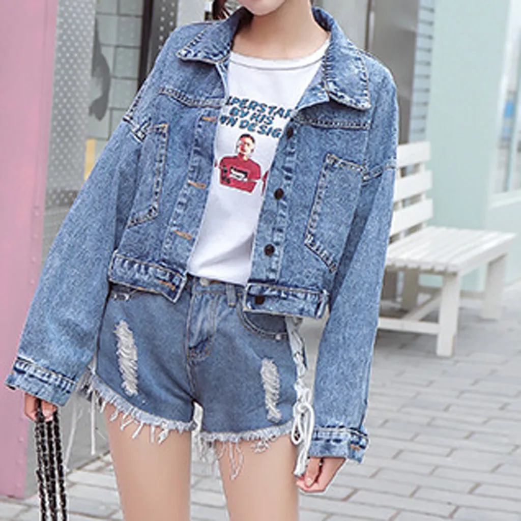 JAYCOSIN джинсовая куртка бойфренда женская укороченная винтажная с длинным рукавом