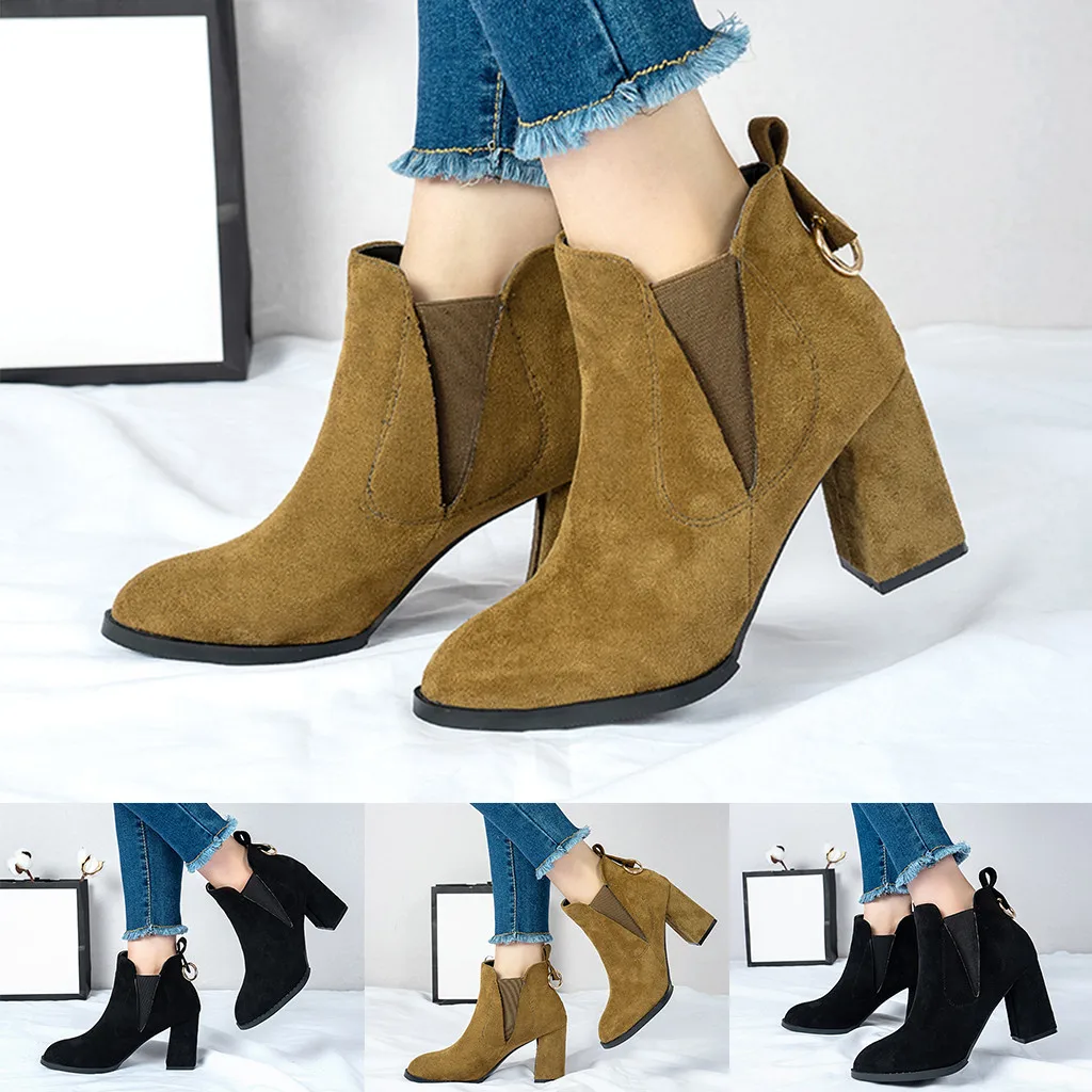 

SAGACE Women' s boots Ladies shoes woman Fashion Short Ankle Boots Slip On Thick Heels High Heels boots women Shoes Botas Mujer